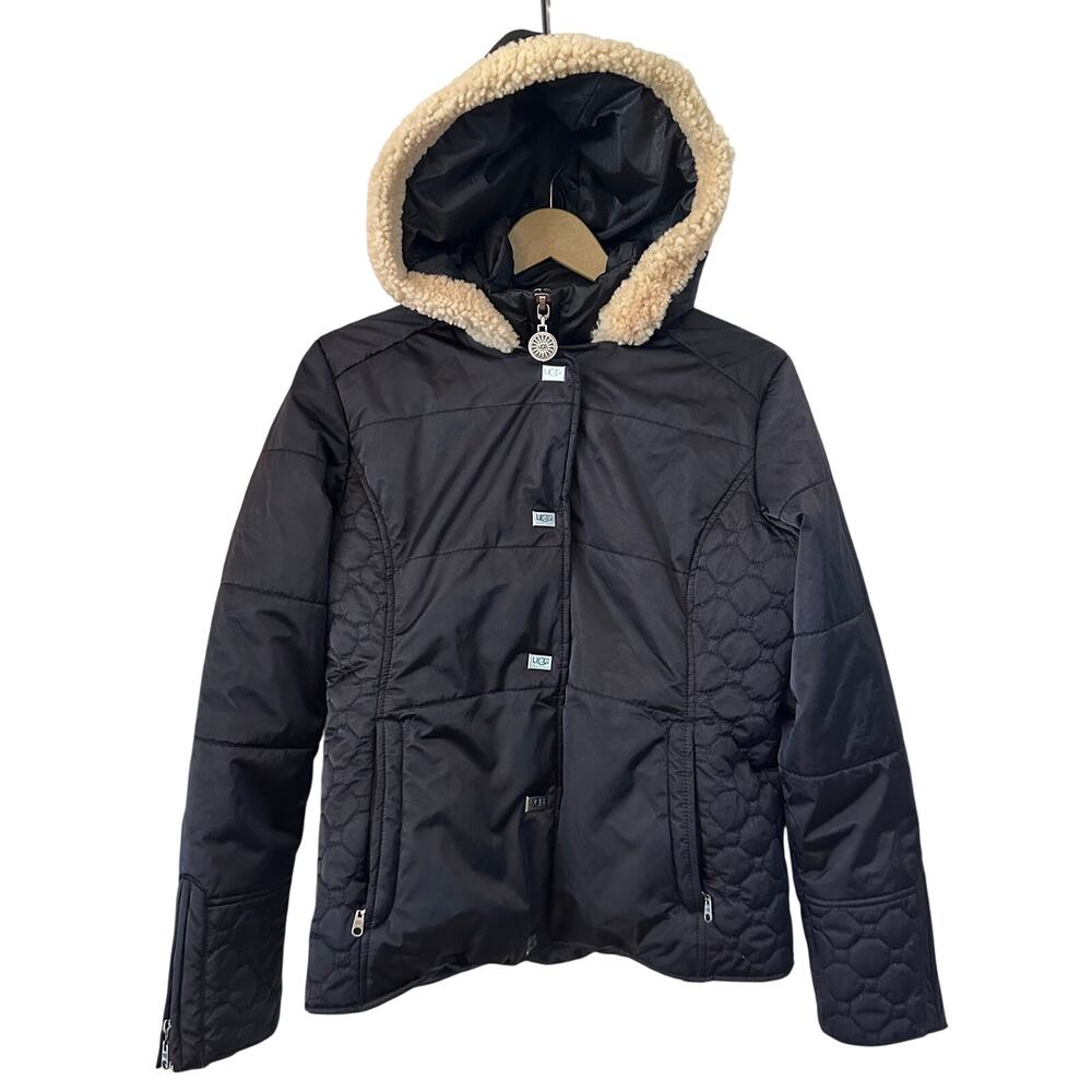 Ugg Quilted Puff Jacket Black Medium 100% Wool Hood Zipper Magnetic Closer